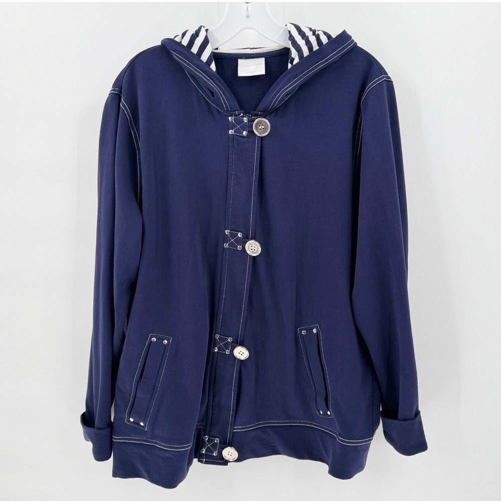 DECORATED ORIGINALS Navy Blue Contrast Stitch Hooded Jacket Nautical Button Coat